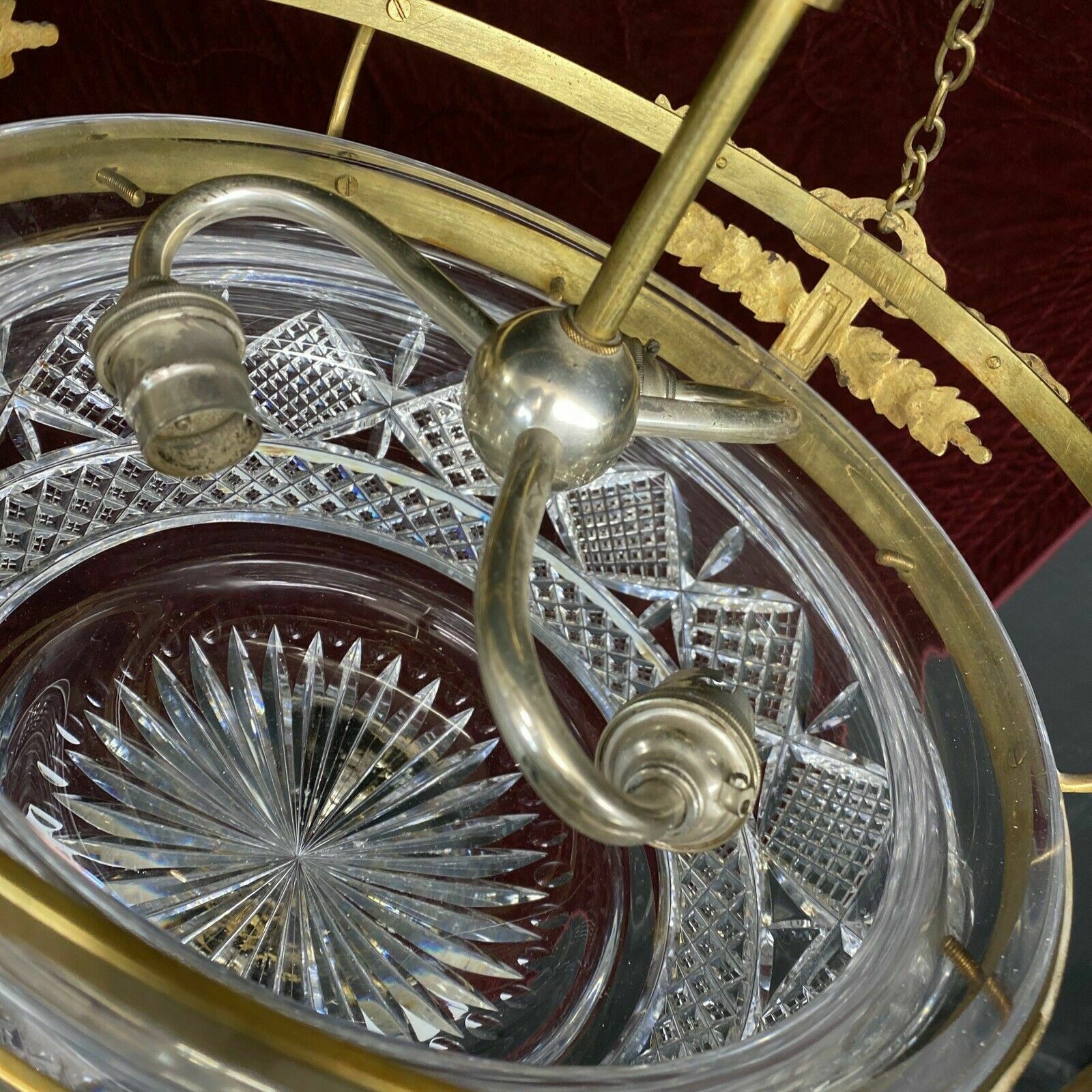 Antique Gilt Brass Cut Lead Crystal Ceiling Bowl Louis XV 19th Century Light photo vinterior