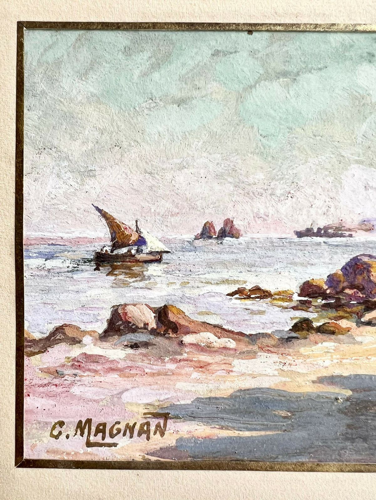 Old Orientalist Painting Gouache On Seaside Marine Cardboard   Signed Lower Left   Original French Painting photo furniture