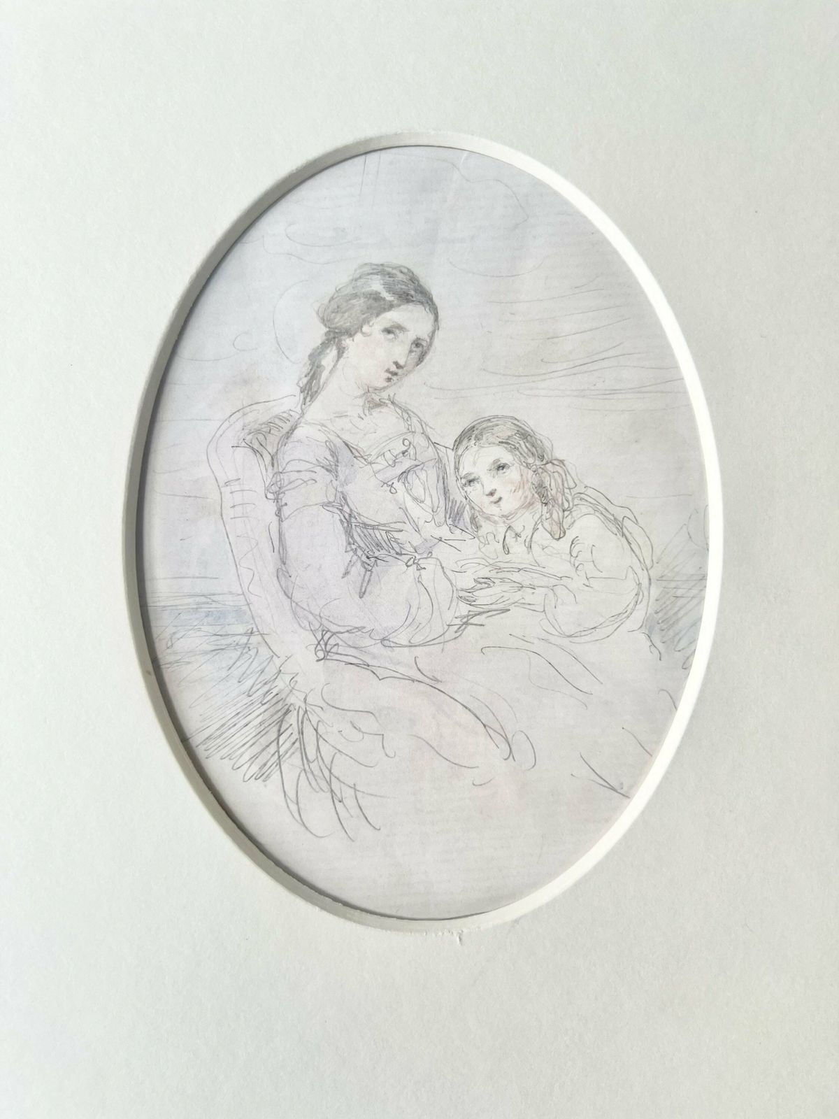 Antique Watercolored Pencil Drawing Showing A Victorian Woman And Her Child   In An Oval View Mount photo furniture