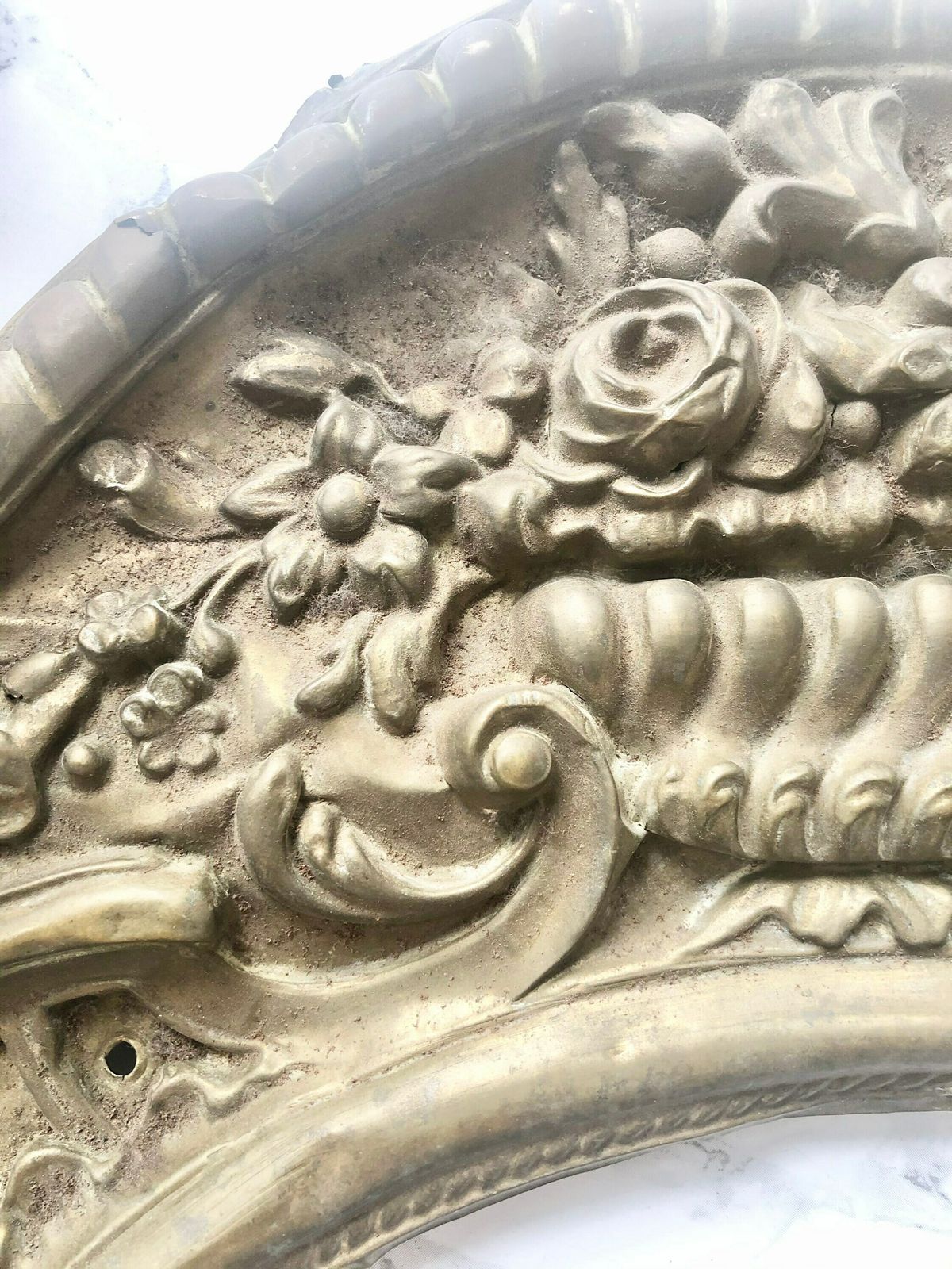 Rare Old French Clock Pediment In Gilded Metal Decorated With Flowers And Shells photo vinterior