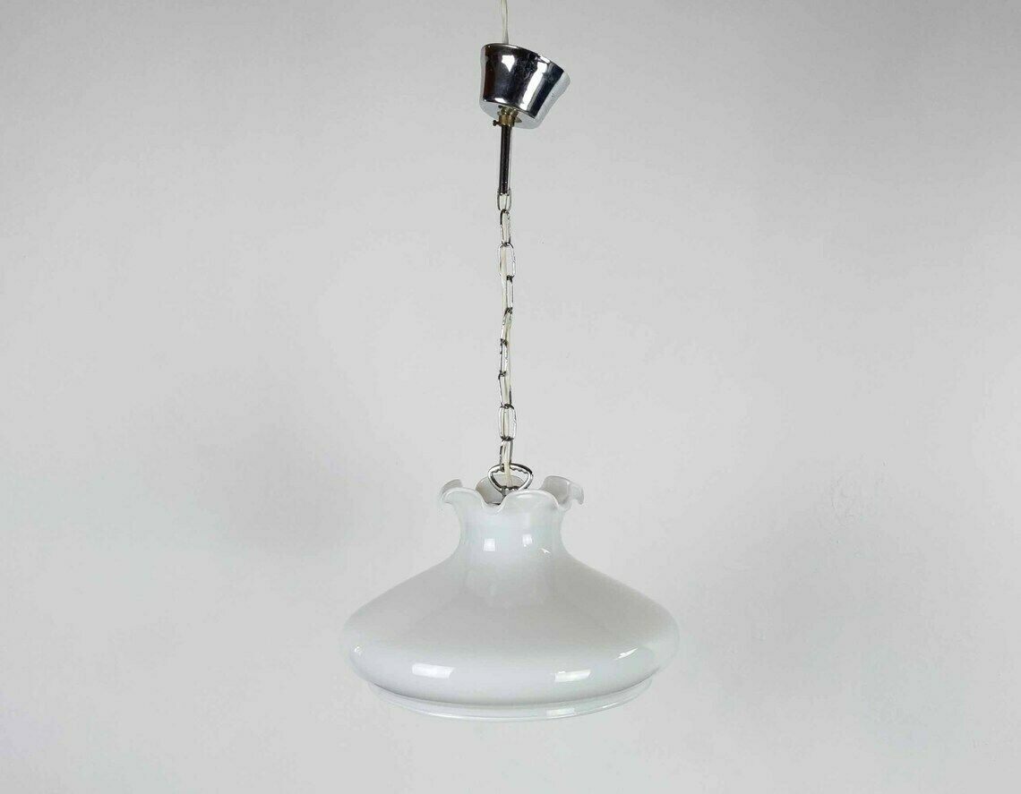 Italian White Glass And Chromed Aluminum Pendant Light, Mid Century Ceiling Light, Vintage 1970s Lighting photo buy