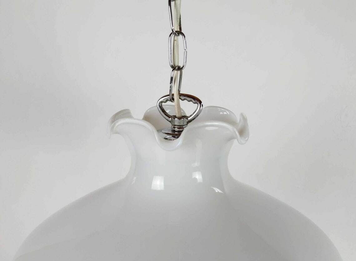 Italian White Glass And Chromed Aluminum Pendant Light, Mid Century Ceiling Light, Vintage 1970s Lighting photo vintage
