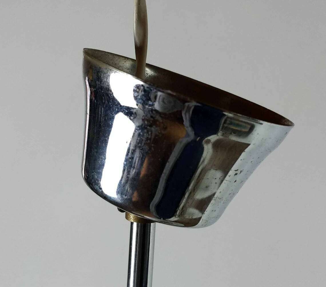 photo for sale Italian White Glass And Chromed Aluminum Pendant Light, Mid Century Ceiling Light, Vintage 1970s Lighting