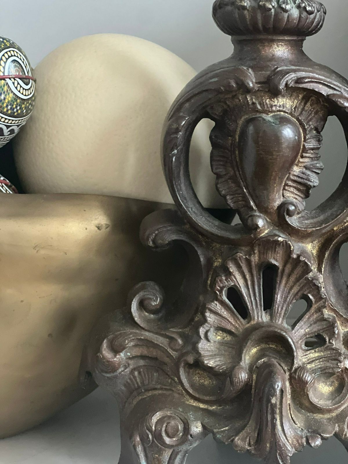 Pair Of Antique French Fire Dogs In Solid Bronze Formerly Gilded   Baroque Motifs Of Burning Hearts photo vinterior