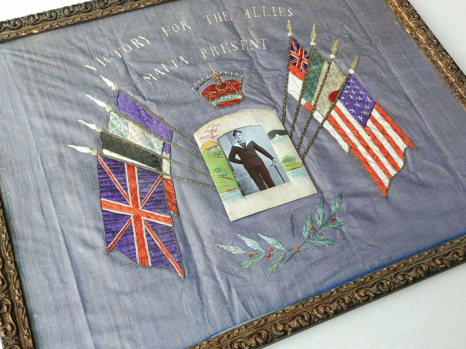 Antique Framed World War 1 Embroidered Panel With Allied Flags And Photograph Of Navy Sailor In Japanese Silk Frame photo furniture