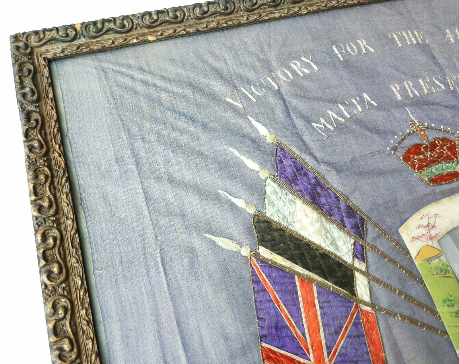Antique Framed World War 1 Embroidered Panel With Allied Flags And Photograph Of Navy Sailor In Japanese Silk Frame photo vinterior
