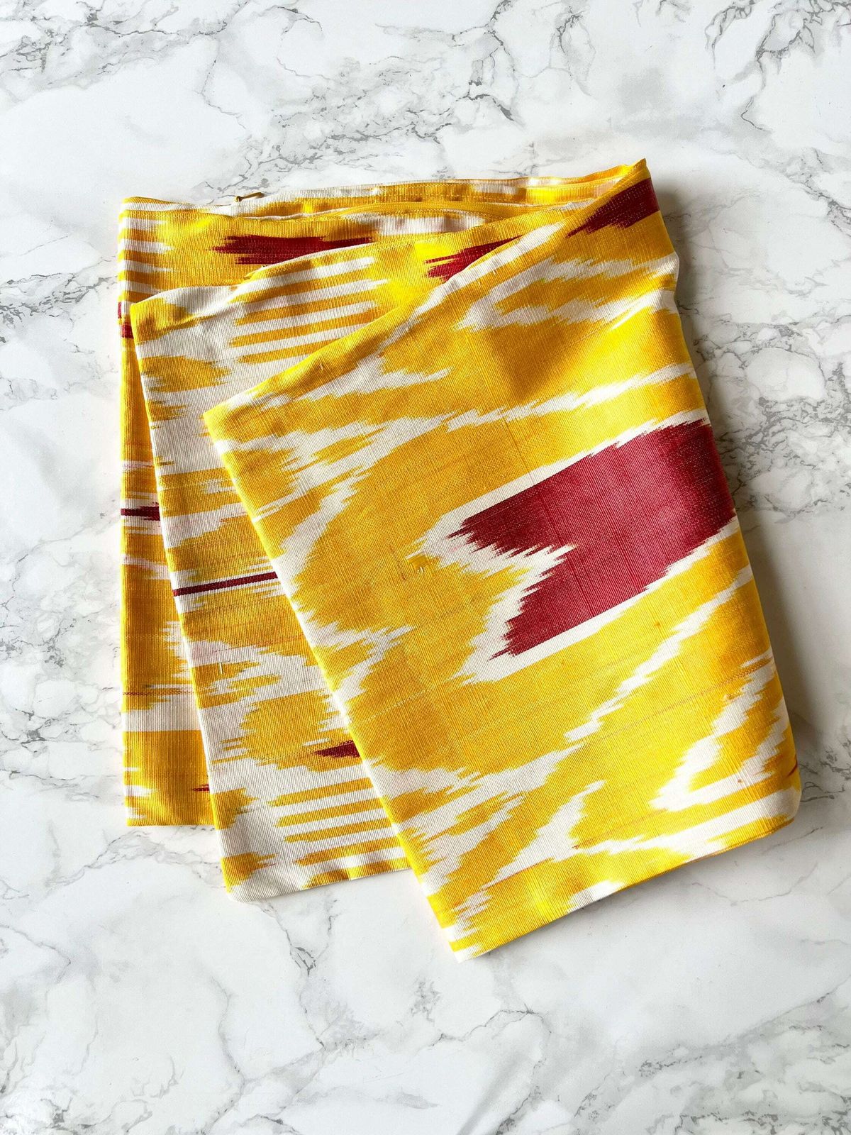 3 Handcrafted Ikat Pattern Silk Cushion Covers   Red, Yellow And White photo for sale