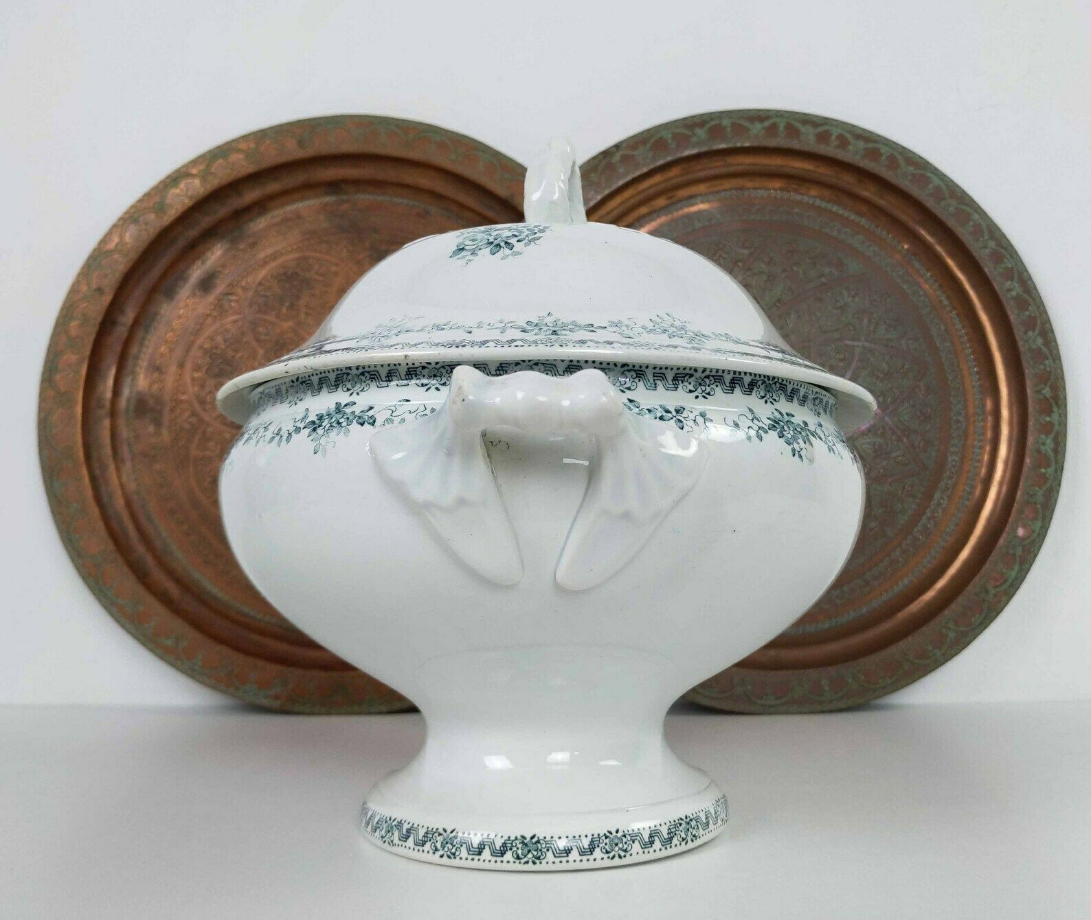 Antique French St Amand White And Blue Ironstone Pedestal Tureen, Rustic French Kitchen Pottery Serving Dish, Ceramic Table Centerpiece photo for sale