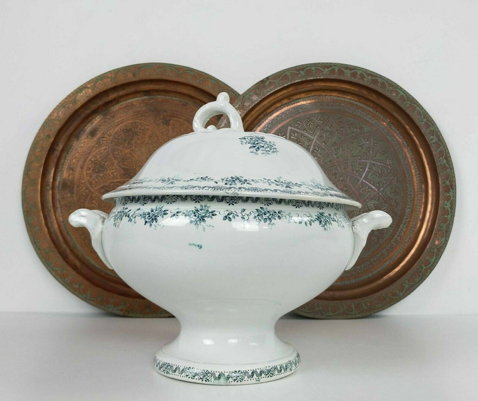 Antique French St Amand White And Blue Ironstone Pedestal Tureen, Rustic French Kitchen Pottery Serving Dish, Ceramic Table Centerpiece photo Home Decor