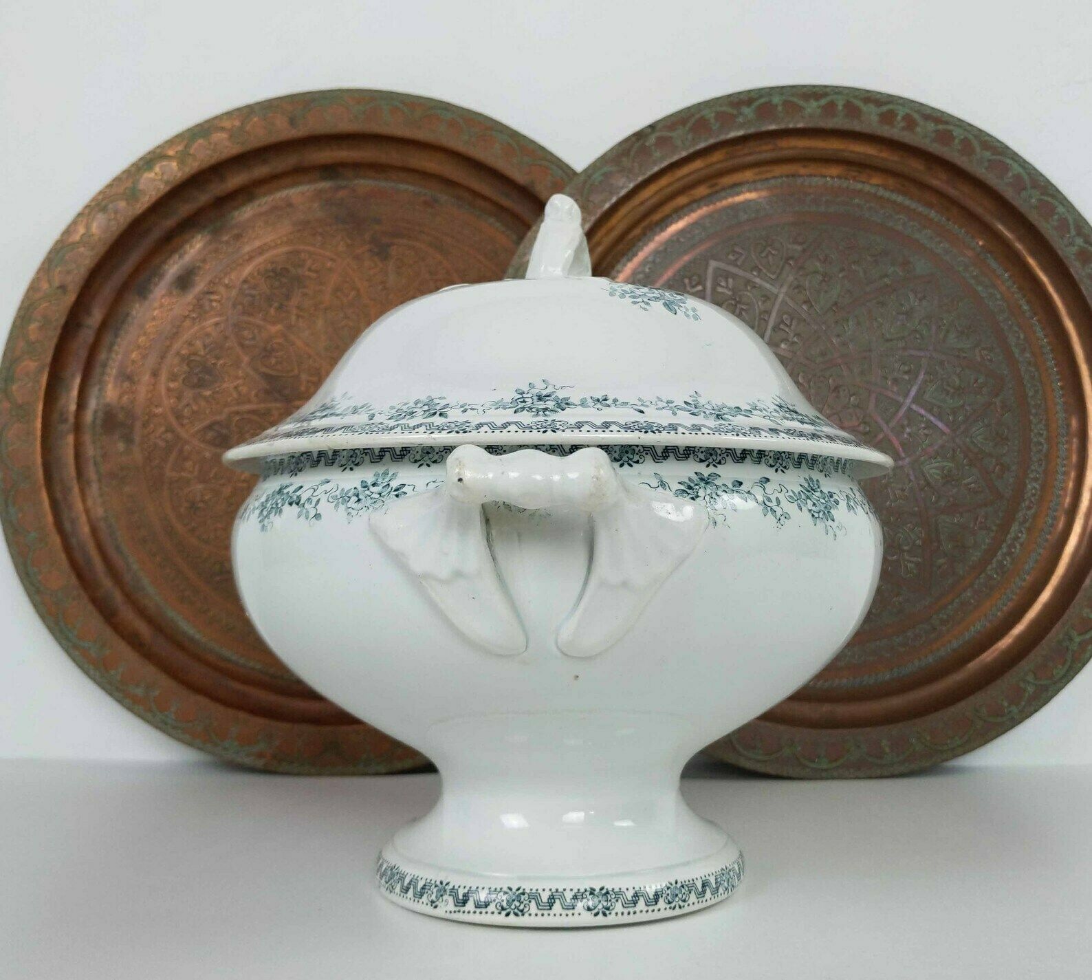 Antique French St Amand White And Blue Ironstone Pedestal Tureen, Rustic French Kitchen Pottery Serving Dish, Ceramic Table Centerpiece photo 95.0