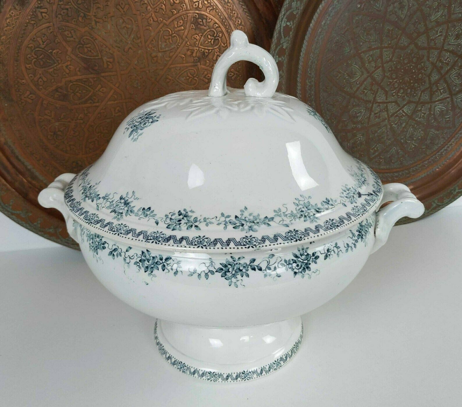 Antique French St Amand White And Blue Ironstone Pedestal Tureen, Rustic French Kitchen Pottery Serving Dish, Ceramic Table Centerpiece photo buy