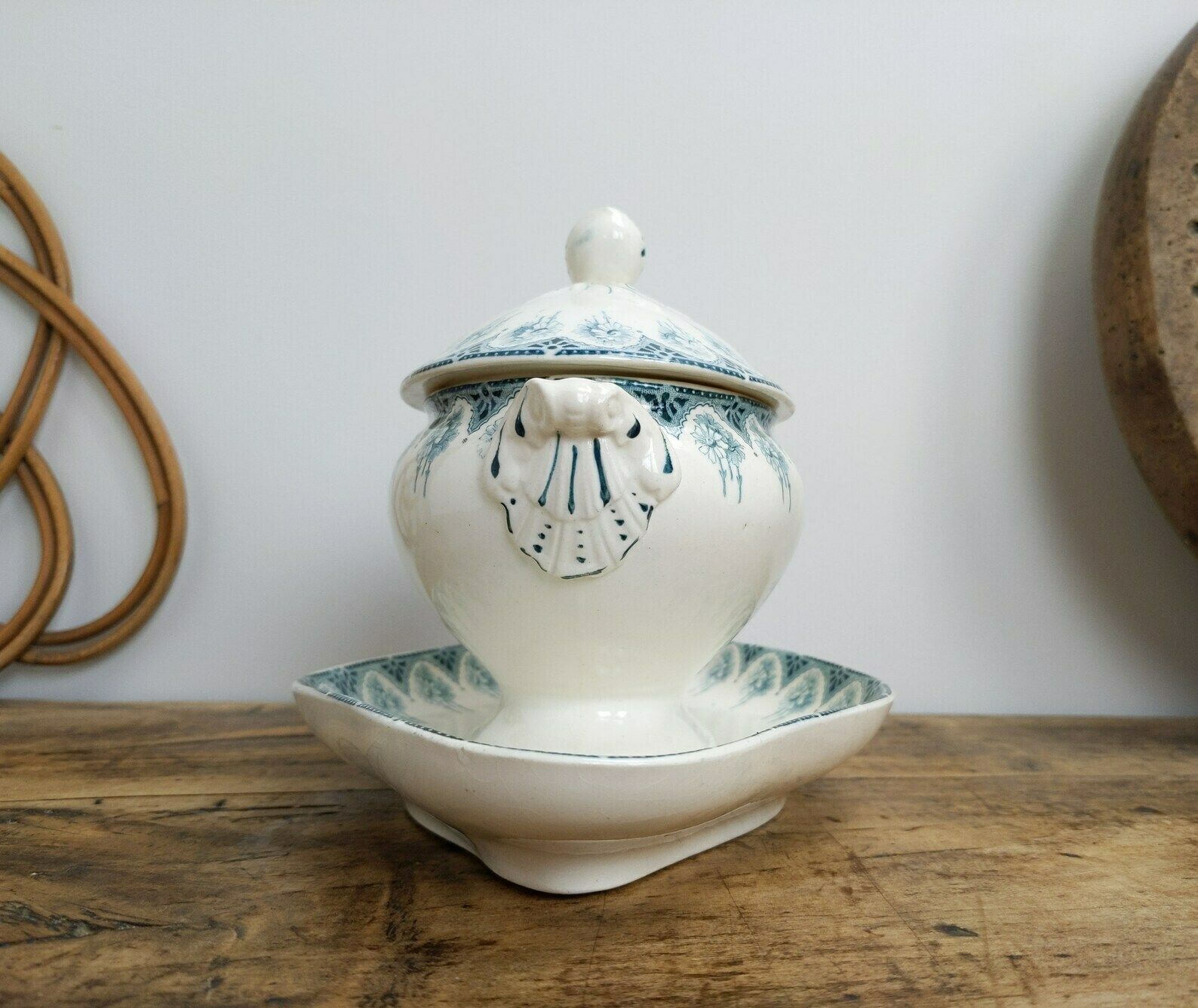 Antique French Boulogne Ironstone Pottery Sauce Or Gravy Boat With Rococo Handles And Flower And Foliage Decoration photo for sale