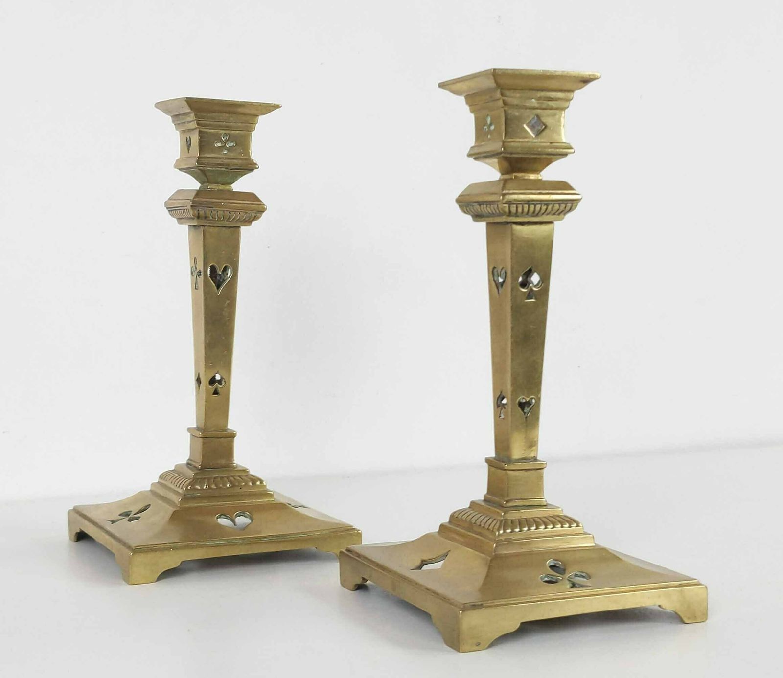 photo for sale Pair Of Bronze Candlesticks, Original French Deck Of Cards Candlestick Holder, Gift For Poker Lover, Heavy Antique Art Deco Candle Holder