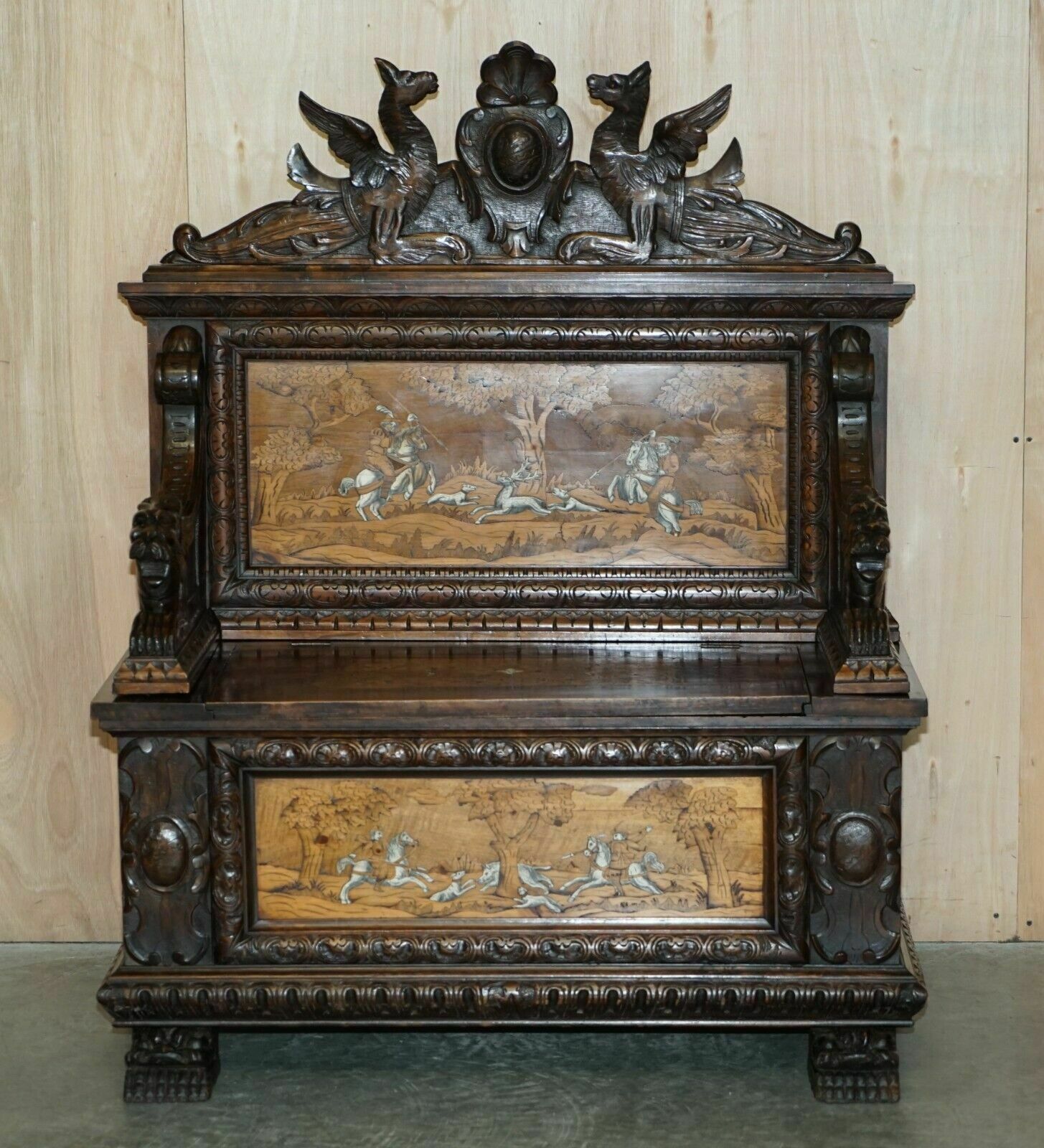 Antique Lion Griffon Carved Italian 1860 Monks Settle Bench Internal Storage photo furniture