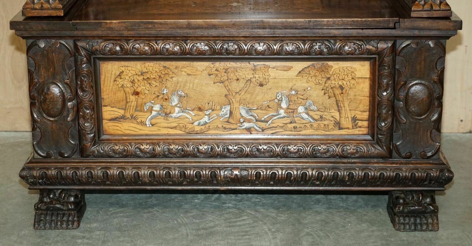 photo furniture Antique Lion Griffon Carved Italian 1860 Monks Settle Bench Internal Storage