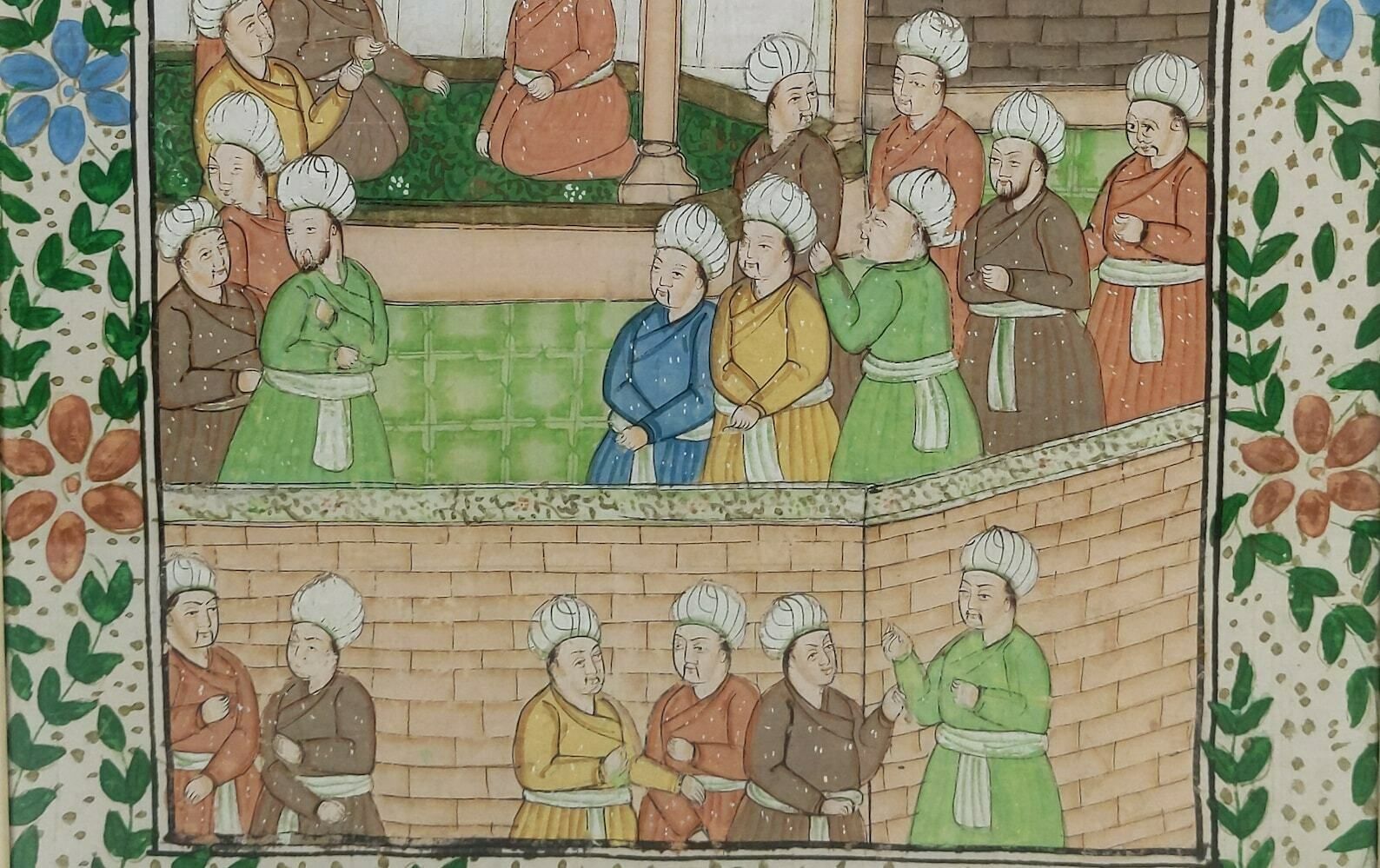 Framed Indian Mughal Oil Painting On Silk Fabric Of Royal Court Scene photo for sale