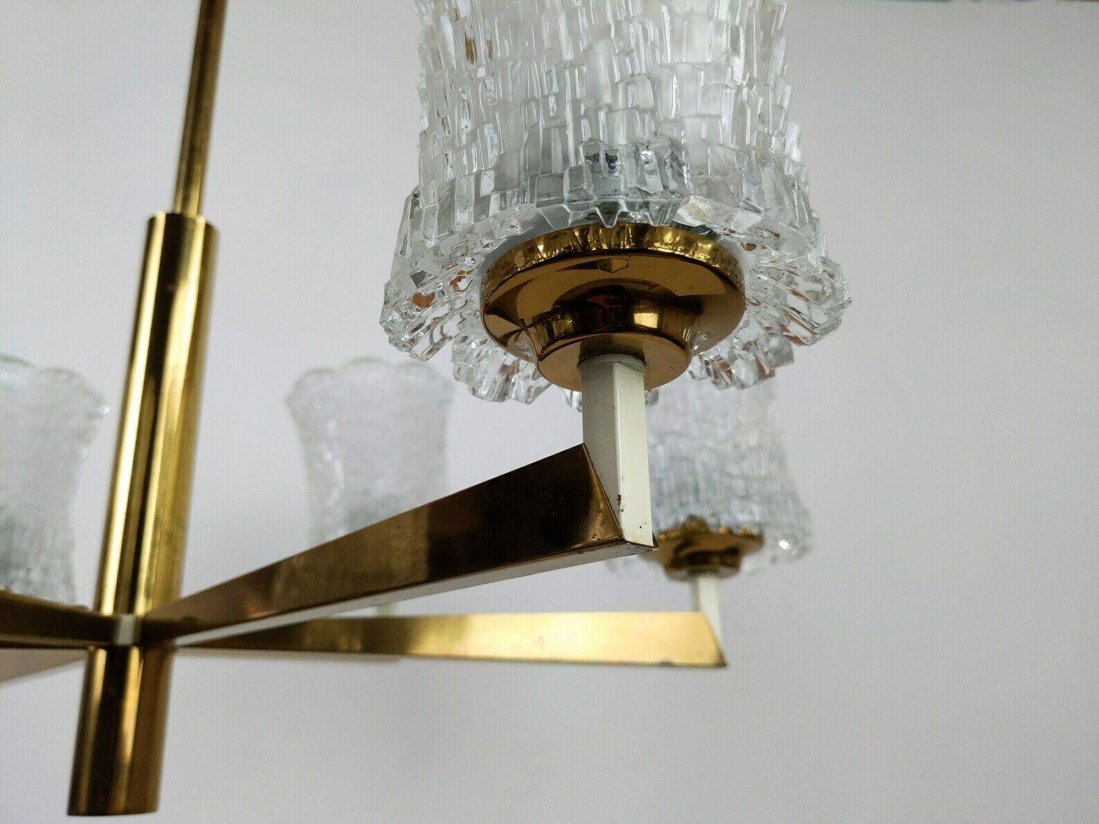 Vintage Mcm 1960s 6 Arm Brassed And Pressed Frosted Crystal Glass Chandelier Light photo vintage