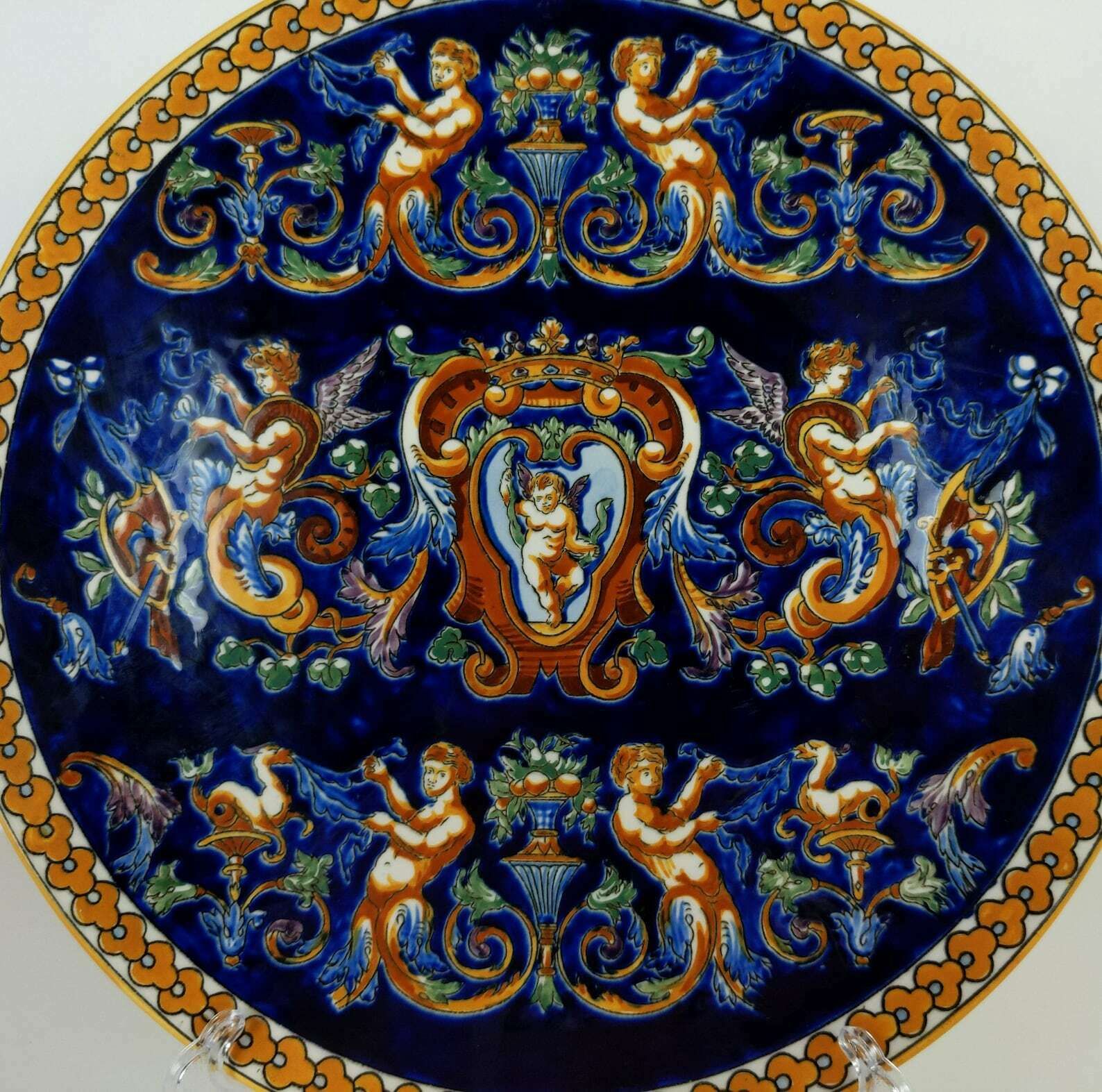Large French Gien Pottery Royal Cobalt Blue Hand Painted Renaissance Style Cherub And Putti Dish photo vinterior