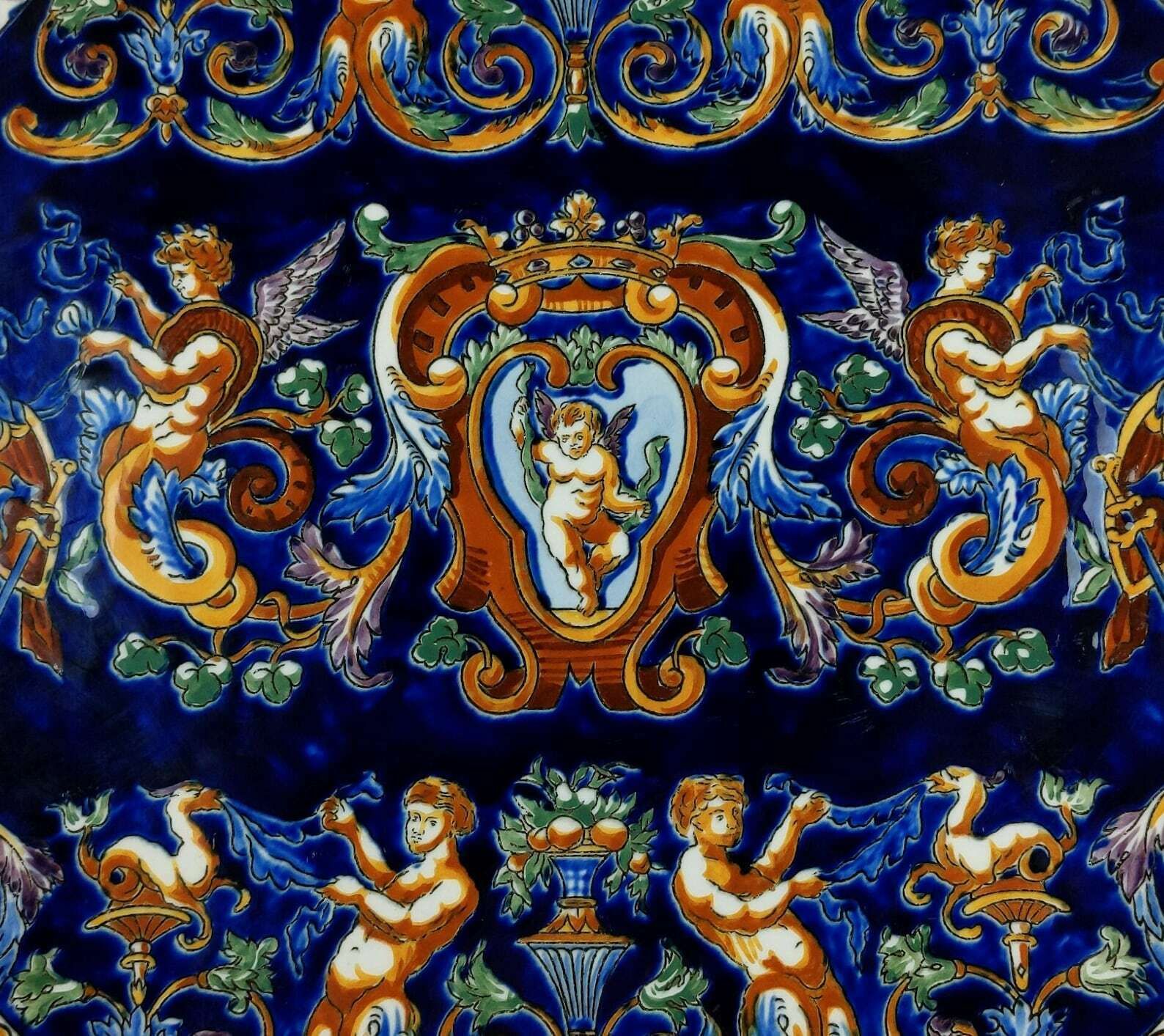 photo furniture Large French Gien Pottery Royal Cobalt Blue Hand Painted Renaissance Style Cherub And Putti Dish