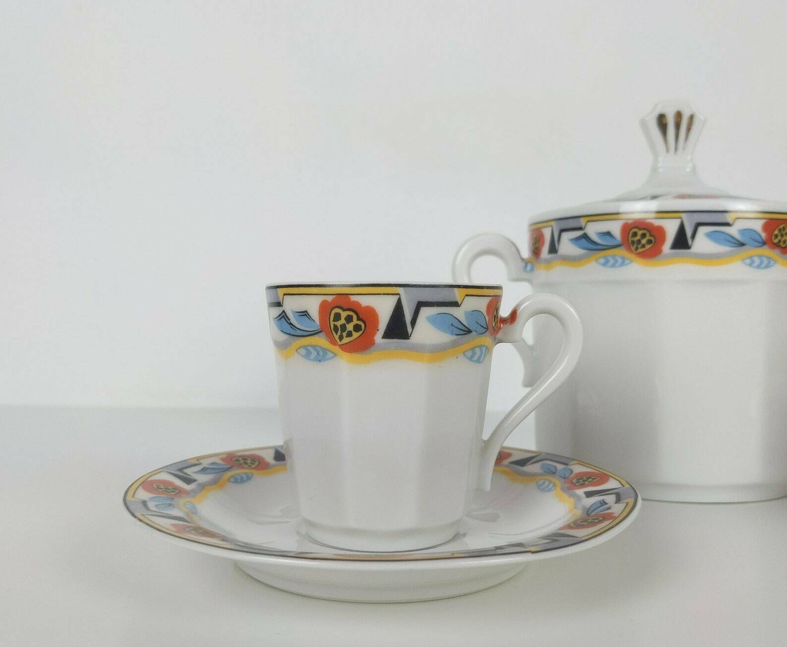 Vintage French Art Deco Limoges Porcelain Espresso Coffee Cups And Saucers With Matching Sugar Bowl With Geometric Flower Design photo 63.0