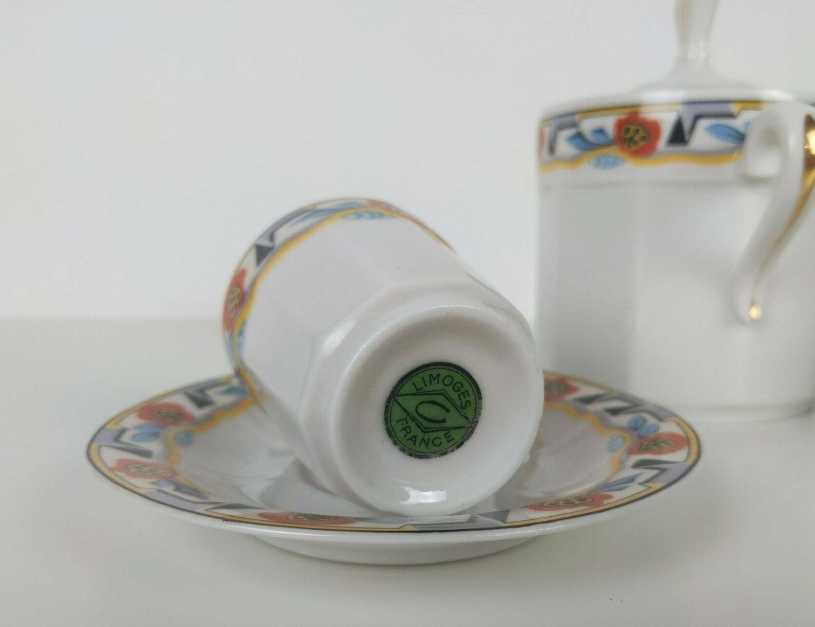 Vintage French Art Deco Limoges Porcelain Espresso Coffee Cups And Saucers With Matching Sugar Bowl With Geometric Flower Design photo vinterior