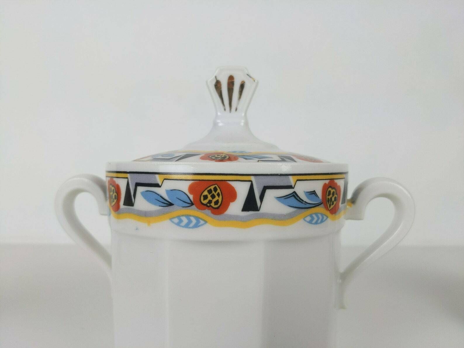 Vintage French Art Deco Limoges Porcelain Espresso Coffee Cups And Saucers With Matching Sugar Bowl With Geometric Flower Design photo buy