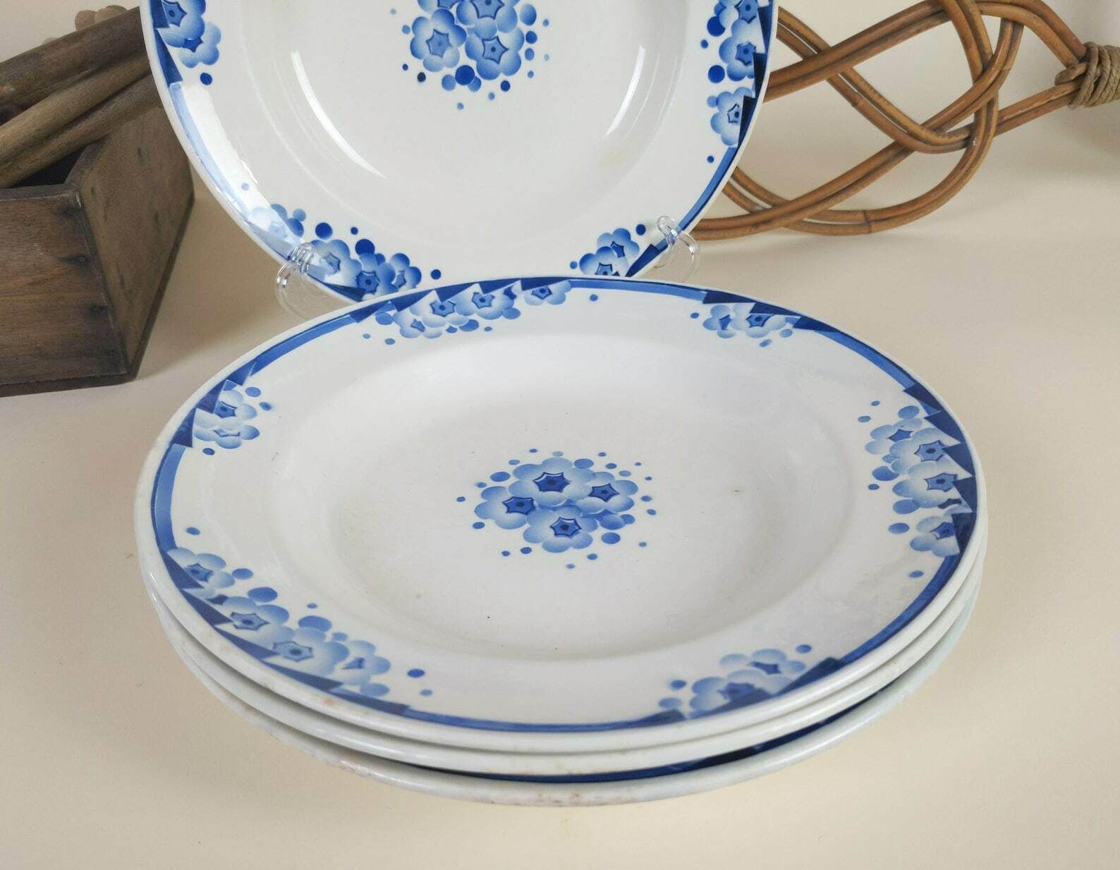 4 French Ironstone Pottery Bowls With Blue Transferware Art Deco Flowers Decoration By Boch Freres, Rustic Ceramic Tableware photo for sale