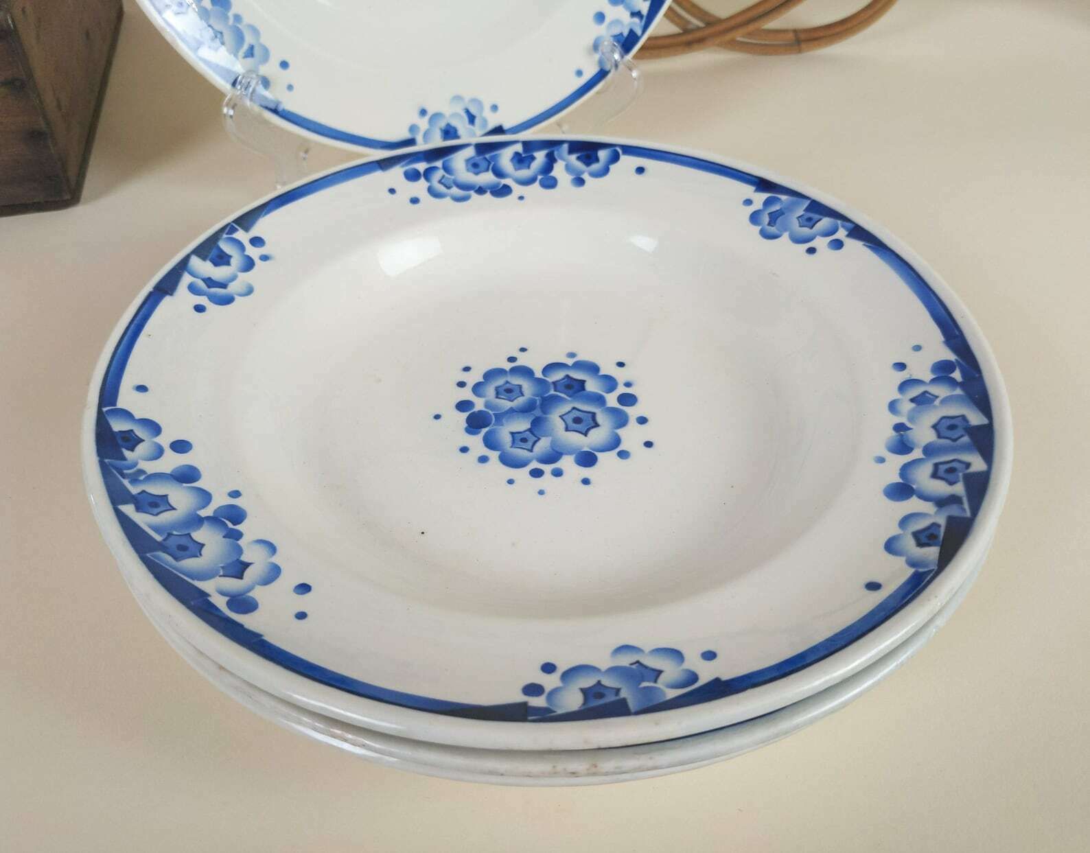 4 French Ironstone Pottery Bowls With Blue Transferware Art Deco Flowers Decoration By Boch Freres, Rustic Ceramic Tableware photo 68.0