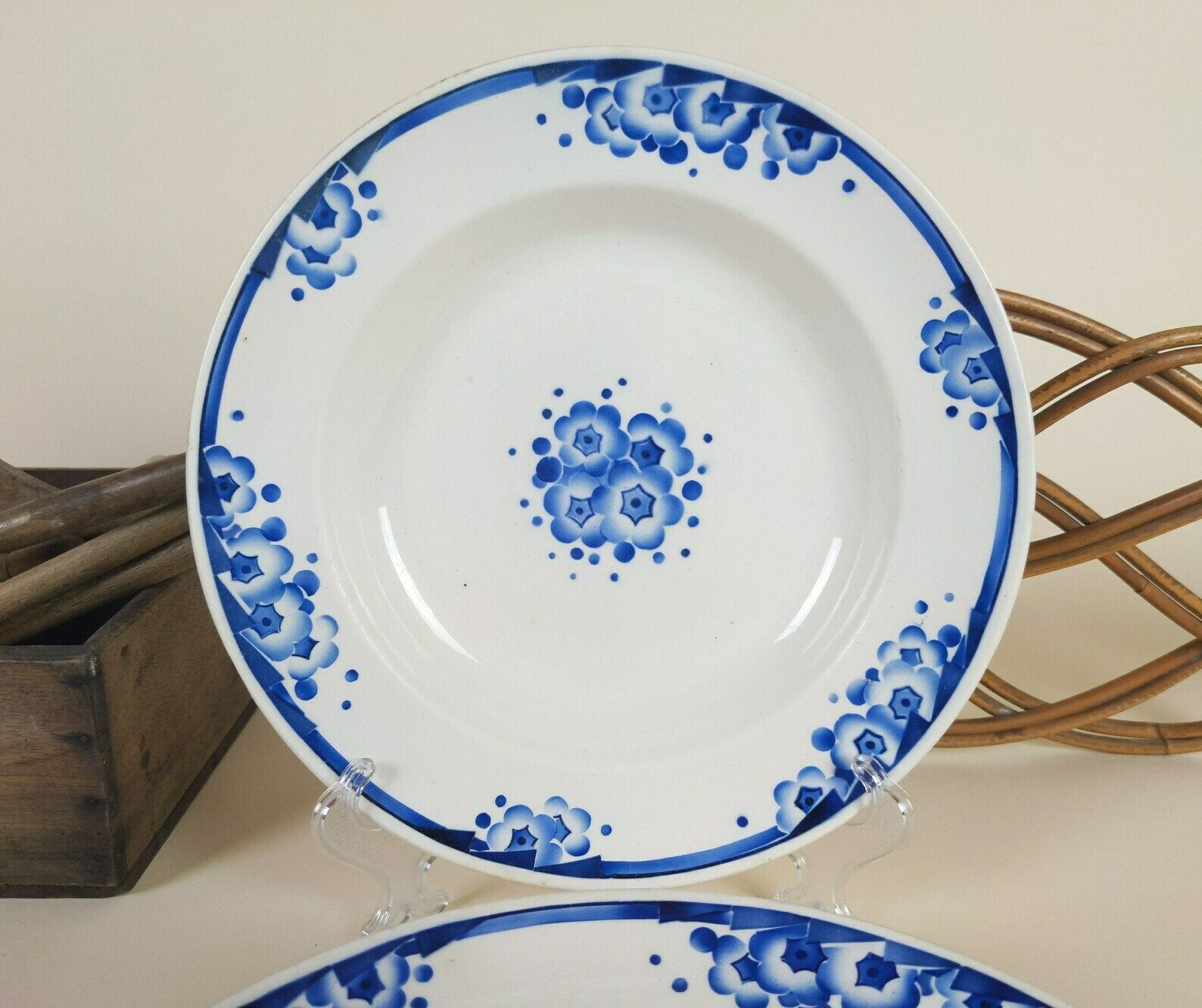 4 French Ironstone Pottery Bowls With Blue Transferware Art Deco Flowers Decoration By Boch Freres, Rustic Ceramic Tableware photo vinterior