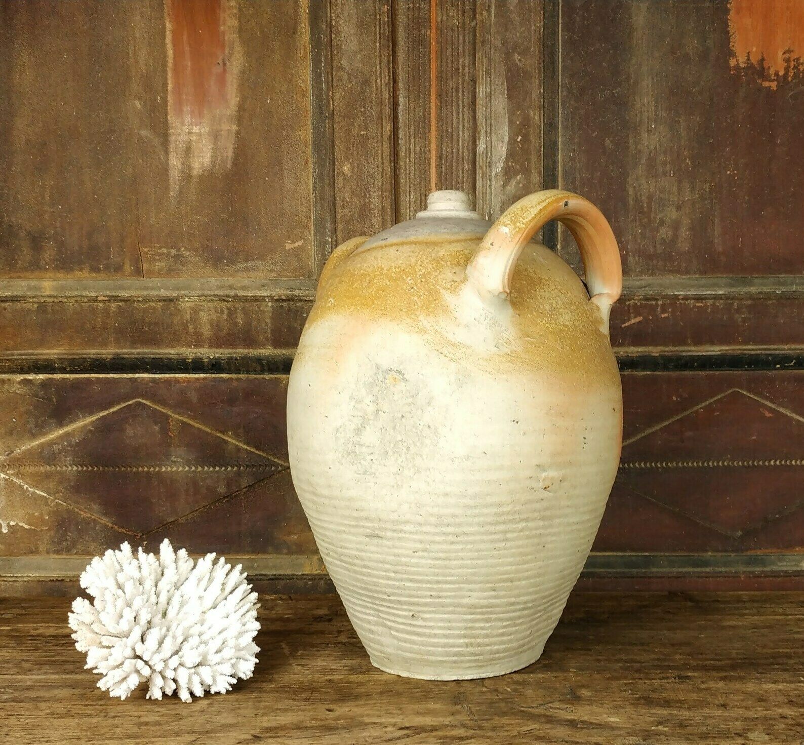 Very Large French Antique Salt Glazed Stoneware Primitive Ceramic Earthenware Wine Vinegar Jar With Handles, Early 20th Century 1900's photo furniture