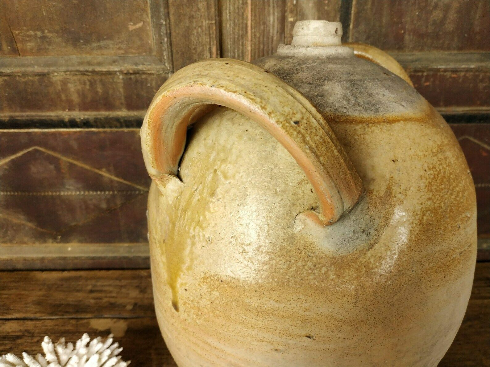 Very Large French Antique Salt Glazed Stoneware Primitive Ceramic Earthenware Wine Vinegar Jar With Handles, Early 20th Century 1900's photo buy