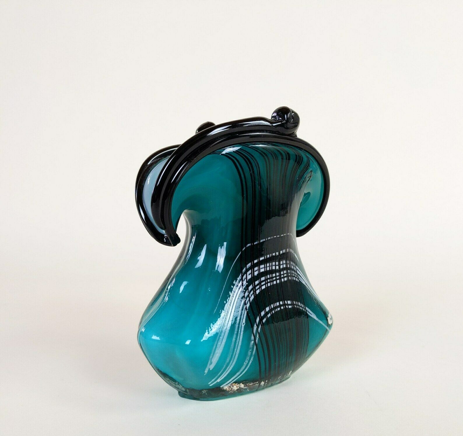 Vintage Green And Black Italian Murano Italy Glass Flared Purse Shaped Flower Vase photo vinterior