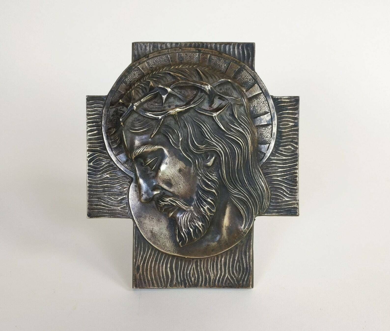 French Antique Solid Bronze Patinated Christian Religious Jesus Christ Door Or Wood Panel Crown Of Thorns Crucifix Sculpture Signed Rosnac
