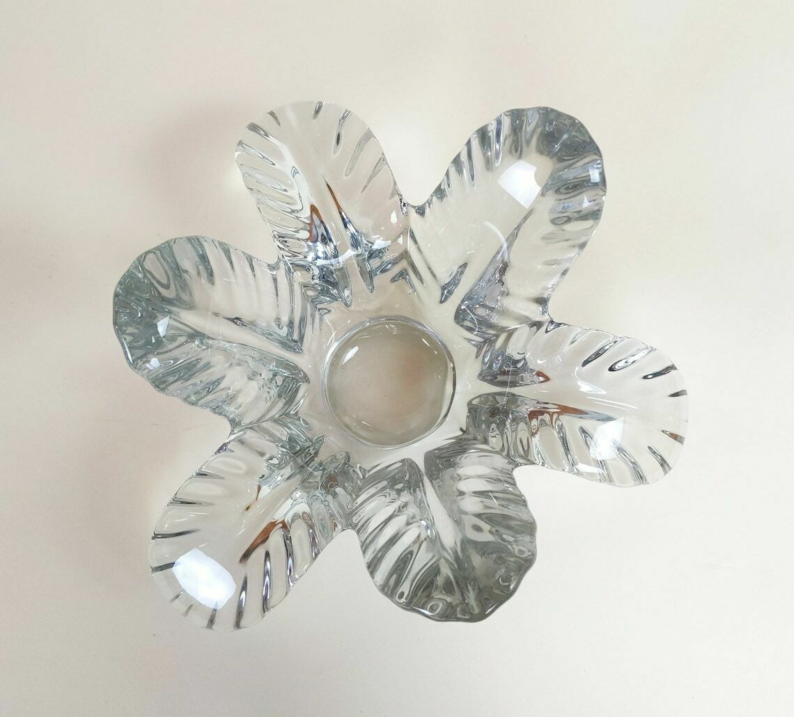 Vintage French Mid Century 1950s Wavy Stylized Flower Crystal Glass Catch All Bowl