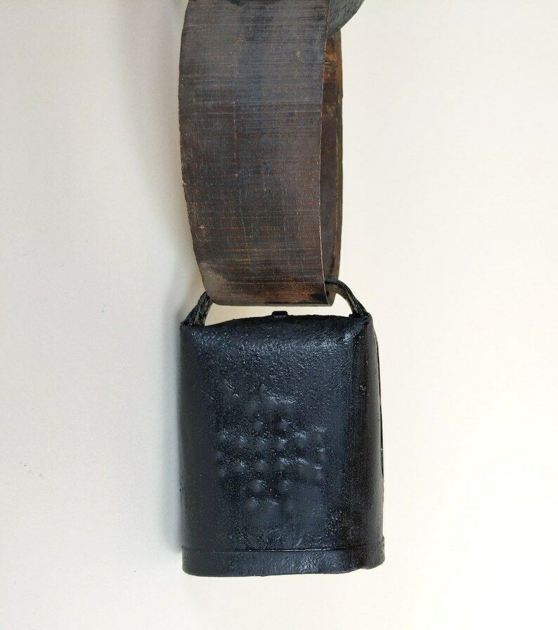 French Antique Primitive Front Door Hanging Cowbell With Wood Collar And Wrought Iron Support For Rustic Mountain Cabin And Farmhouse Decor photo vinterior