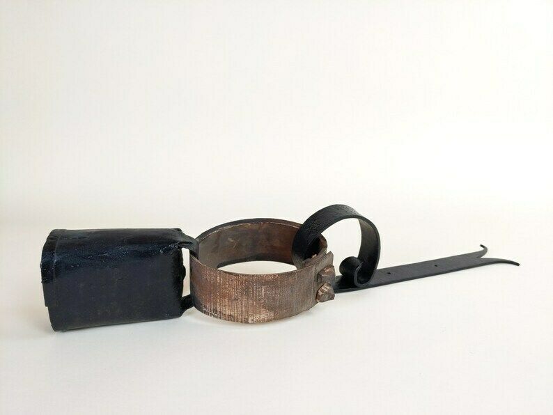 French Antique Primitive Front Door Hanging Cowbell With Wood Collar And Wrought Iron Support For Rustic Mountain Cabin And Farmhouse Decor photo vintage