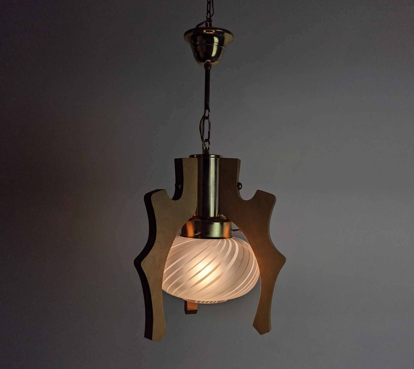 Murano Swirl Glass And Wood Light, Wooden Pendant Light With Brass Hardware, Vintage Italian Ceiling Lighting With Scandinavian Design photo furniture