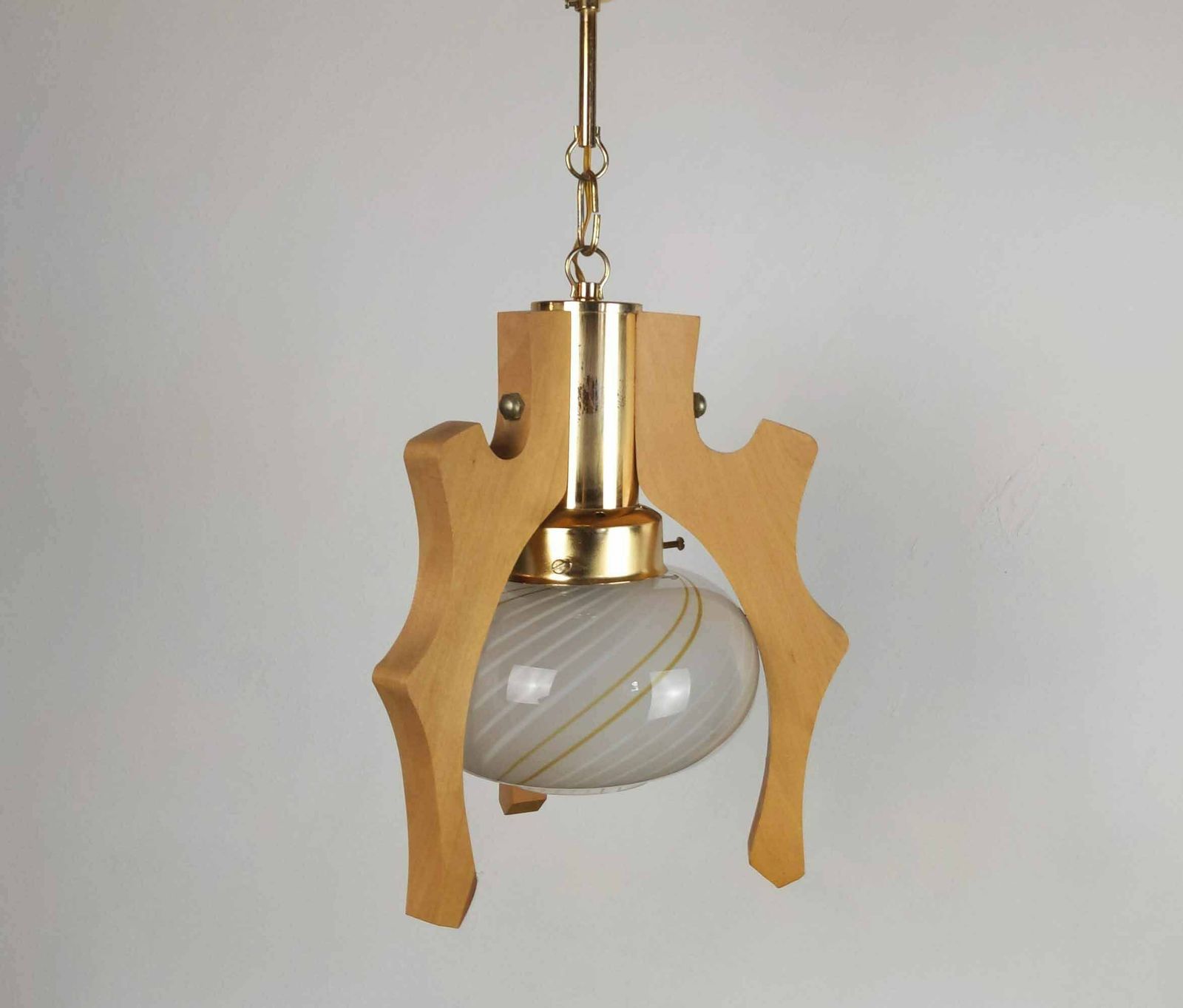 Murano Swirl Glass And Wood Light, Wooden Pendant Light With Brass Hardware, Vintage Italian Ceiling Lighting With Scandinavian Design photo for sale