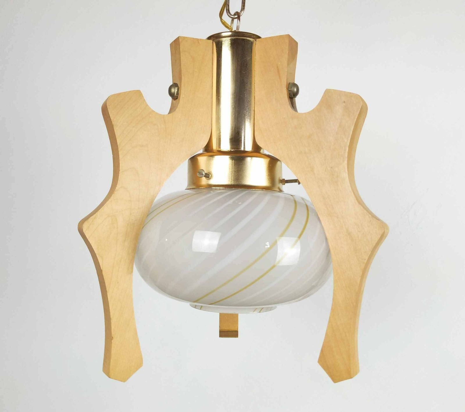 Murano Swirl Glass And Wood Light, Wooden Pendant Light With Brass Hardware, Vintage Italian Ceiling Lighting With Scandinavian Design photo vinterior
