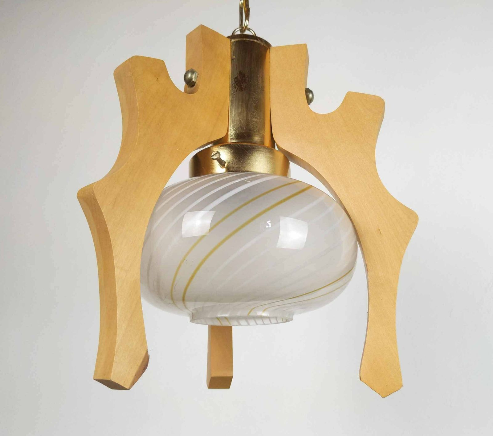 photo furniture Murano Swirl Glass And Wood Light, Wooden Pendant Light With Brass Hardware, Vintage Italian Ceiling Lighting With Scandinavian Design