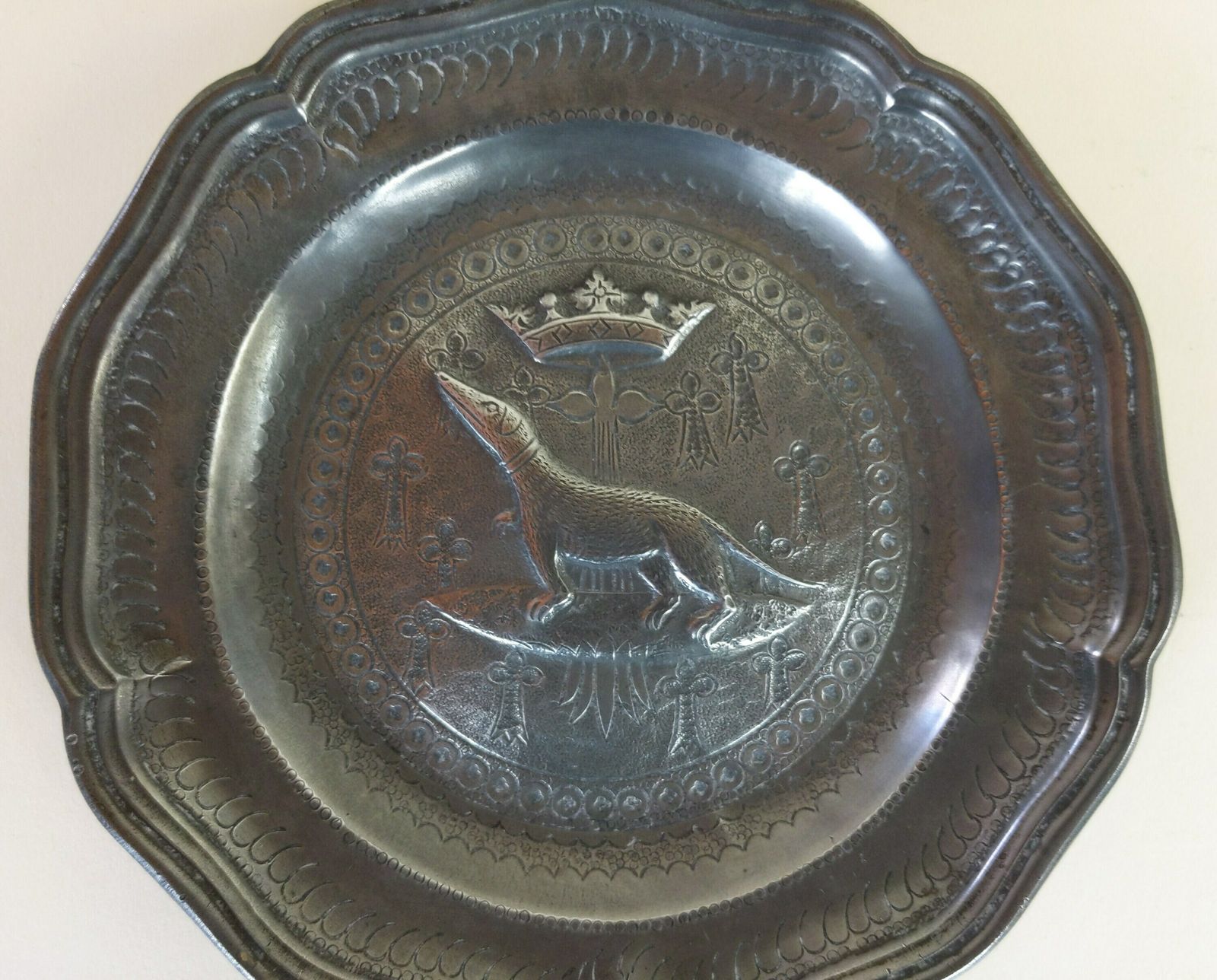 Two Old French Pewter Metal Decorative Dishes With Exotic Animals And Fleur De Lys And Crown Decorations With Makers Mark photo for sale