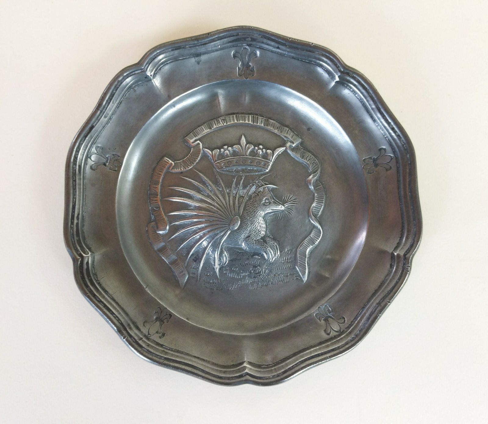 Two Old French Pewter Metal Decorative Dishes With Exotic Animals And Fleur De Lys And Crown Decorations With Makers Mark photo Home Decor