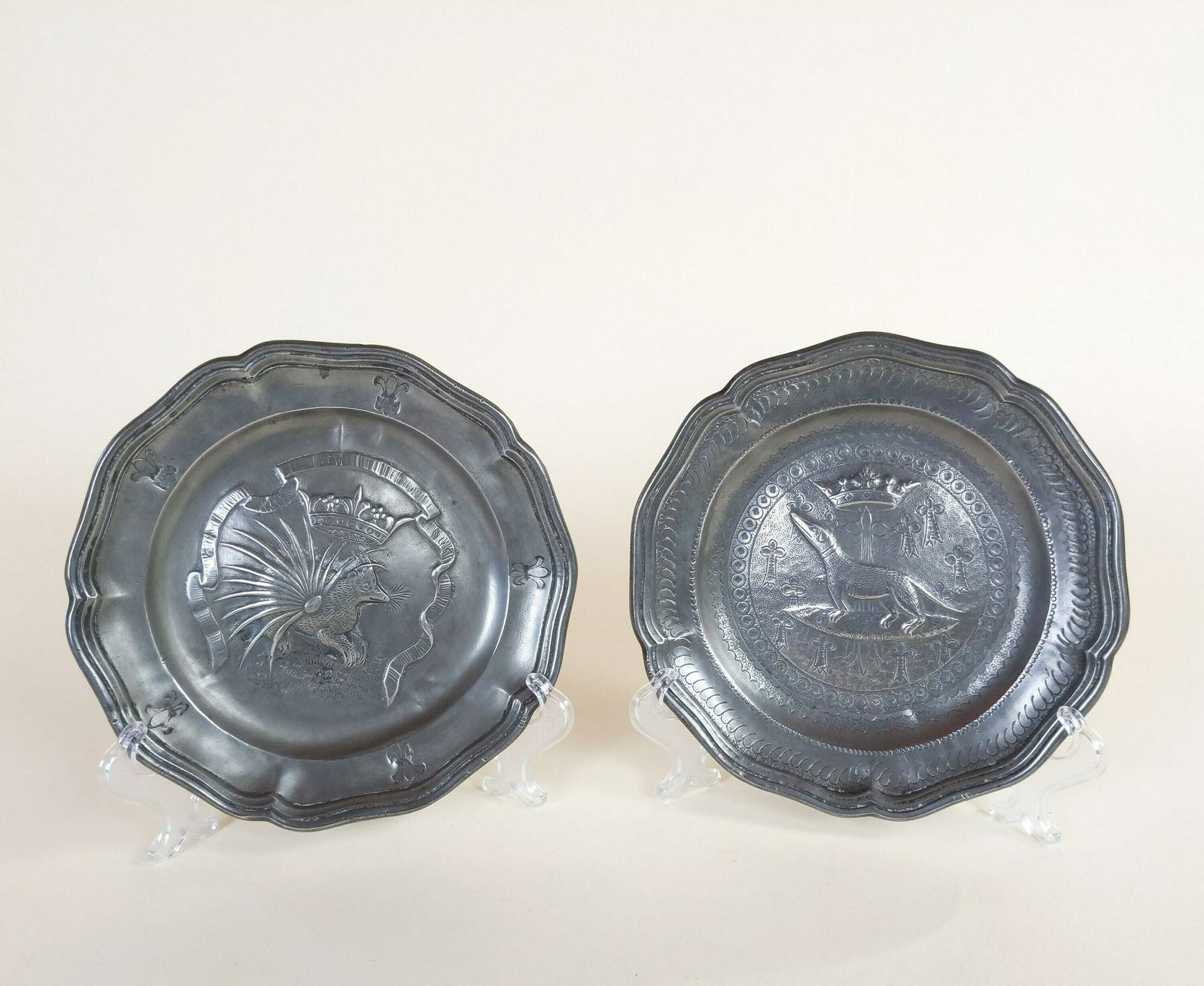 Two Old French Pewter Metal Decorative Dishes With Exotic Animals And Fleur De Lys And Crown Decorations With Makers Mark photo vinterior