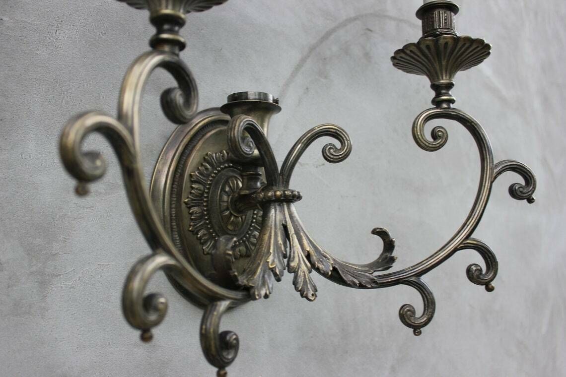 Rare Two Bronze Wall Sconces Edwardian Lighting Wall Lamps For Living Room, Hotel Lobby photo vinterior
