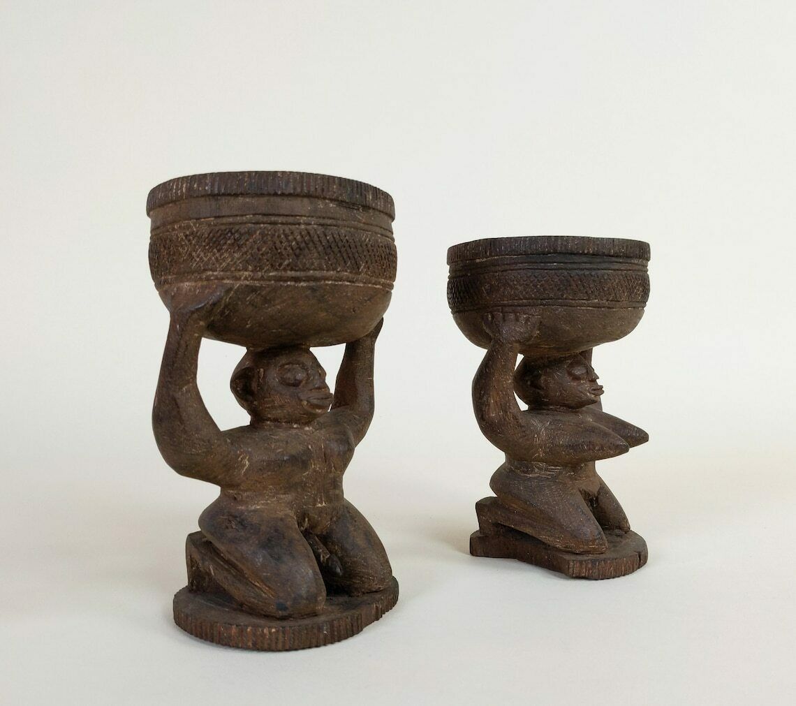 Old Primitive African Hand Carved Wood Female And Male Tribal Divination Cups Or Pigment Containers, Wooden Statues From Africa photo furniture