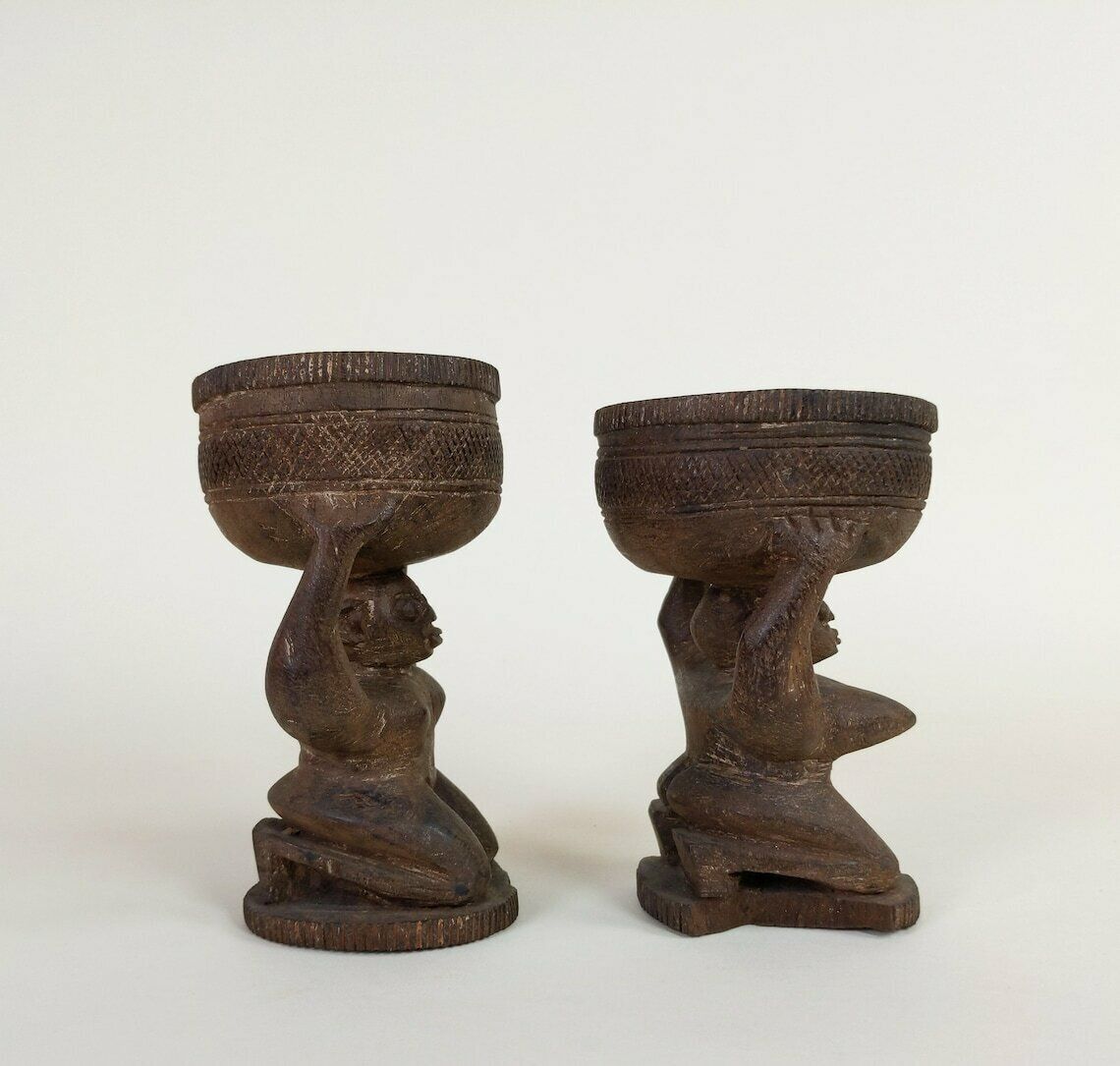 Old Primitive African Hand Carved Wood Female And Male Tribal Divination Cups Or Pigment Containers, Wooden Statues From Africa photo for sale