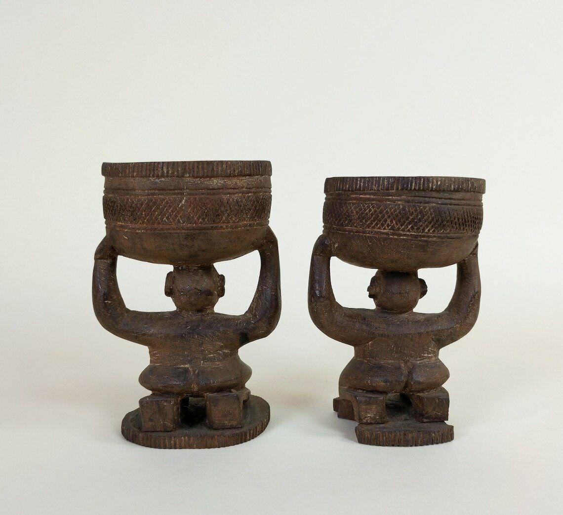 photo furniture Old Primitive African Hand Carved Wood Female And Male Tribal Divination Cups Or Pigment Containers, Wooden Statues From Africa