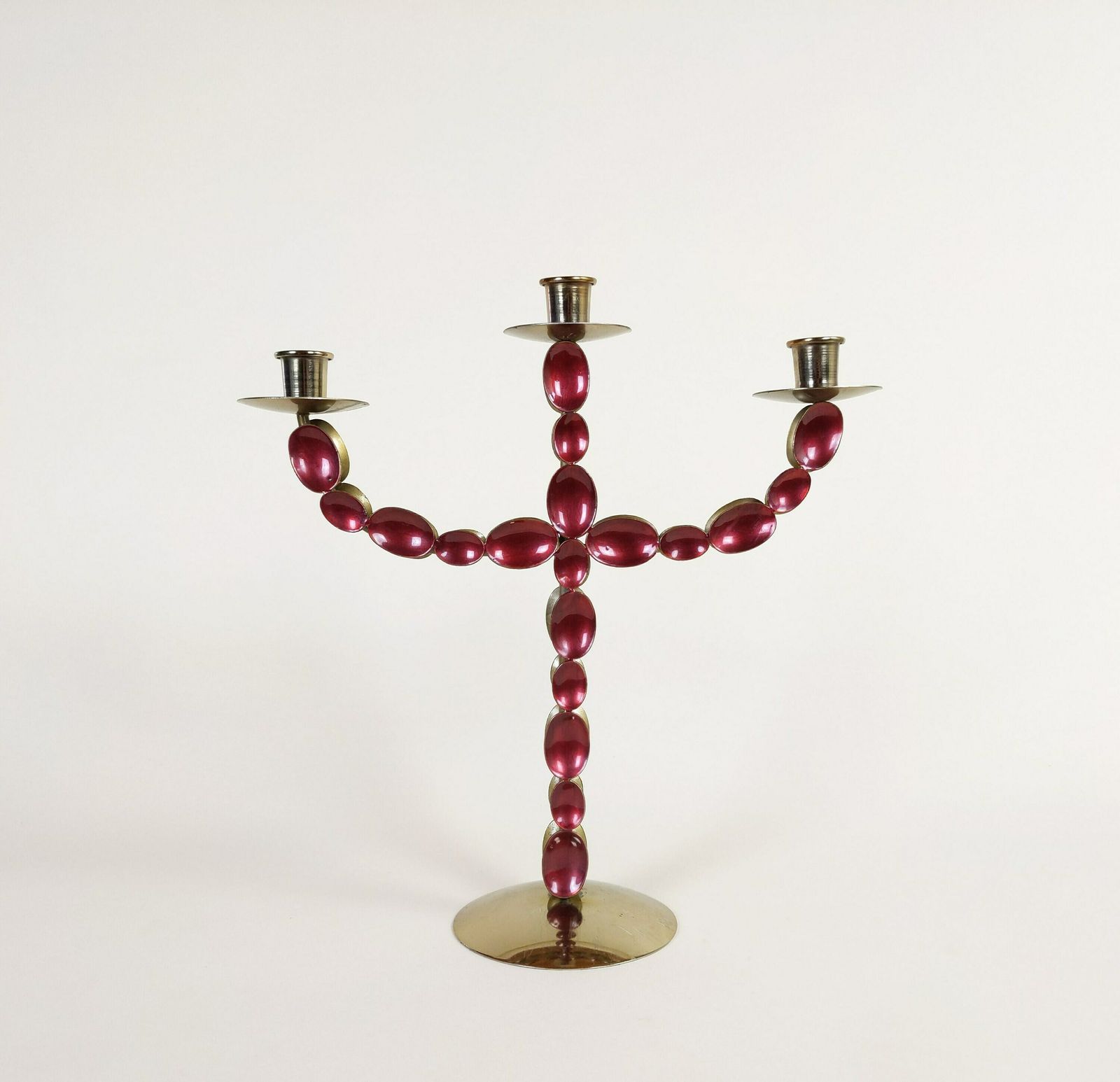 Vintage 3 Arm Swedish Brass And Pink Enamel Candelabra Candle Holder photo 87.0