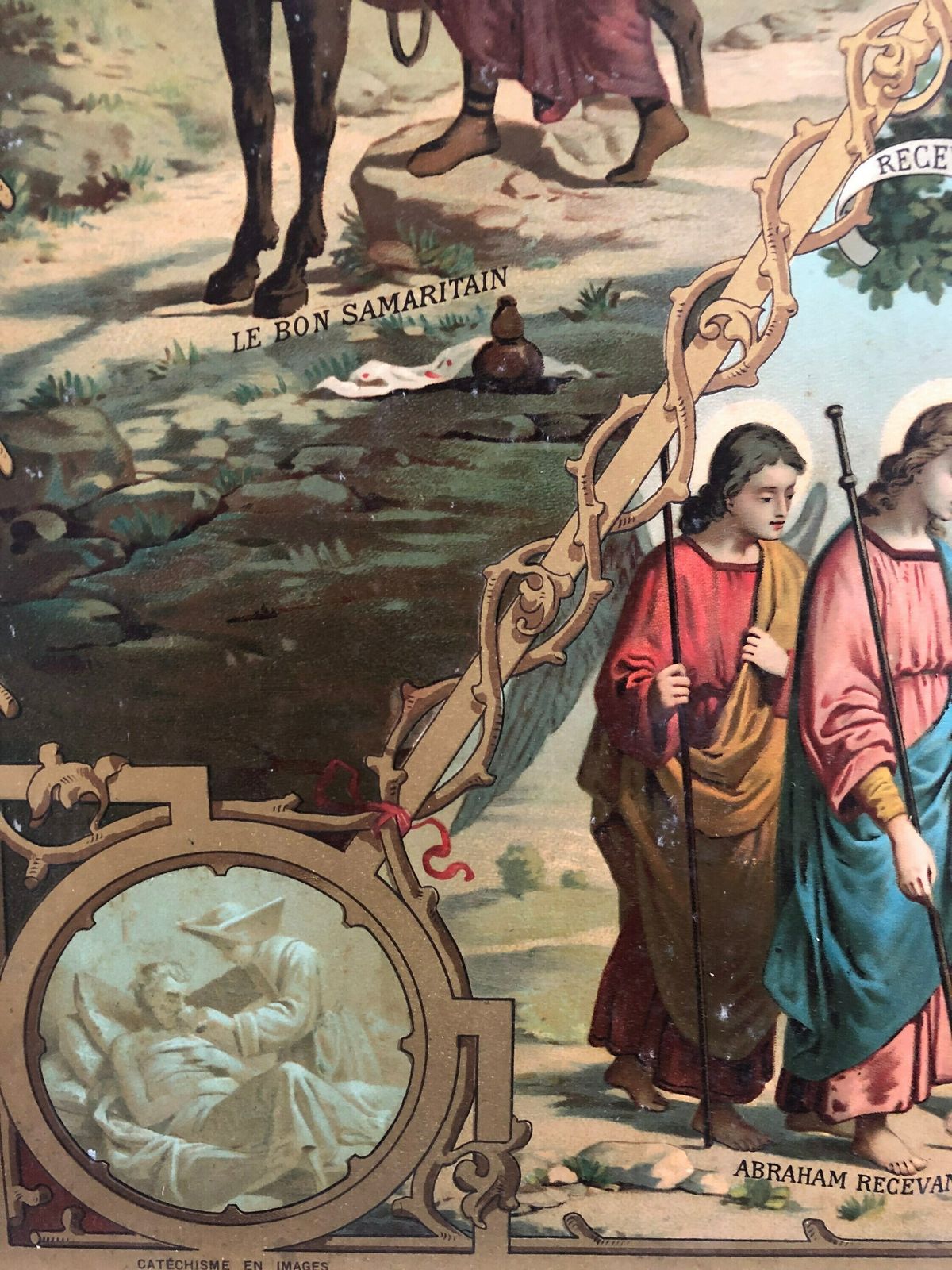 Old Cardboard Religious Education Panel Decorated With A Chromolithography On The Theme Of Main Bodily Works Of Mercy photo 119.0