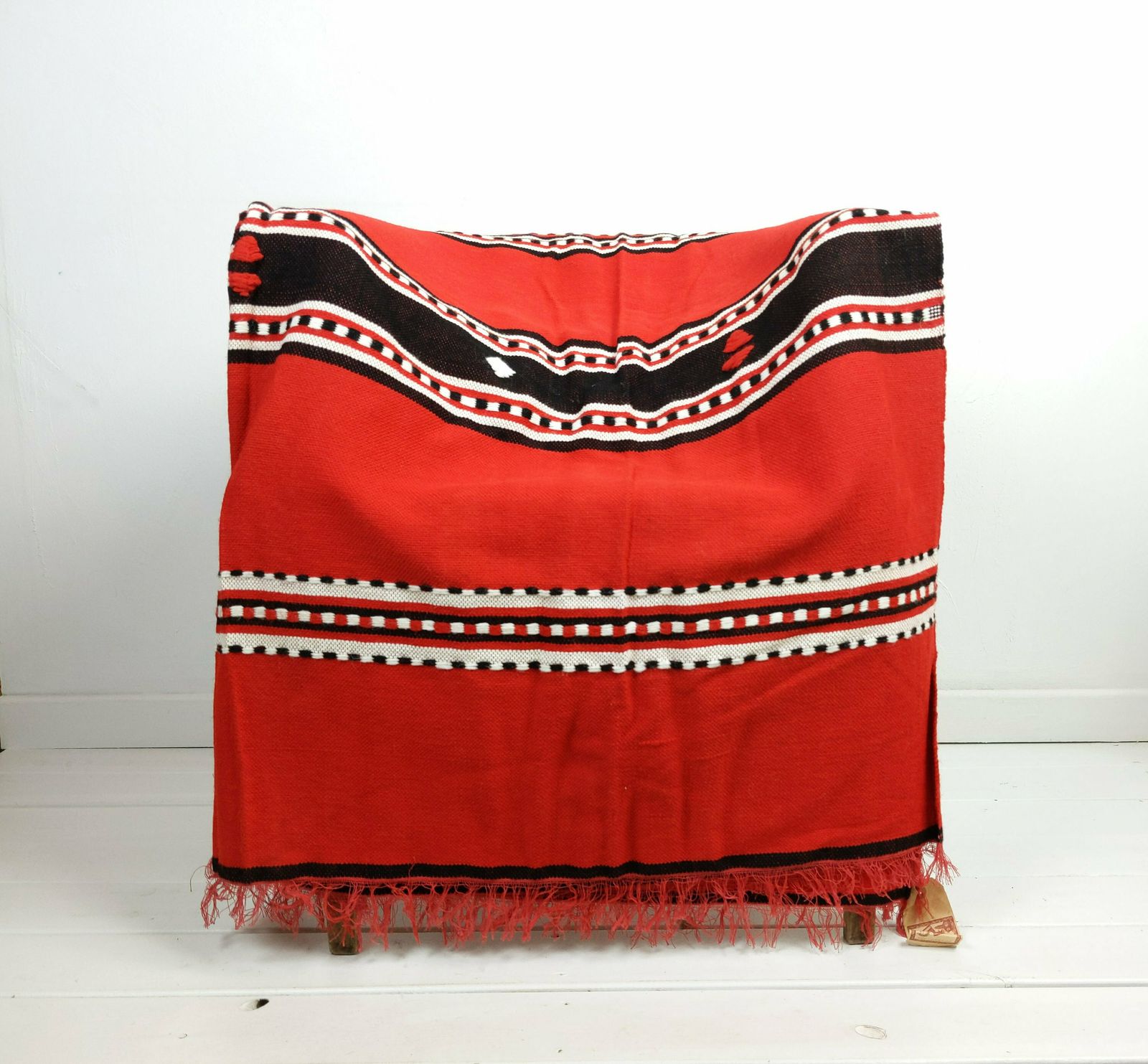 Large Vintage 1970s Moroccan Berber Nomadic Red And Black Striped Hand Made Flat Woven Wool 8.6ft By 4.7ft Blanket Cover Or Floor Rug